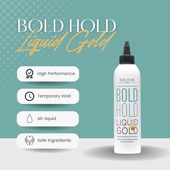 The Hair Diagram - Bold Hold Liquid Gold Reloaded - Glueless Lace Gel - Temporary Hold For Wigs and Hair Systems - Styling Agent For Baby Hairs - Non Toxic - Aerosol & Alcohol Free - Water Based Formula - 4oz