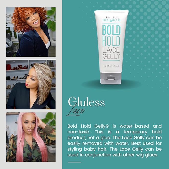 The Hair Diagram - Bold Hold Lace Gelly - Glueless - Temporary Daily Hold For Lace Front Wigs and Hair Systems - Styling Agent For Baby Hairs - Non Toxic - Alcohol Free - Water Based Formula - 6oz