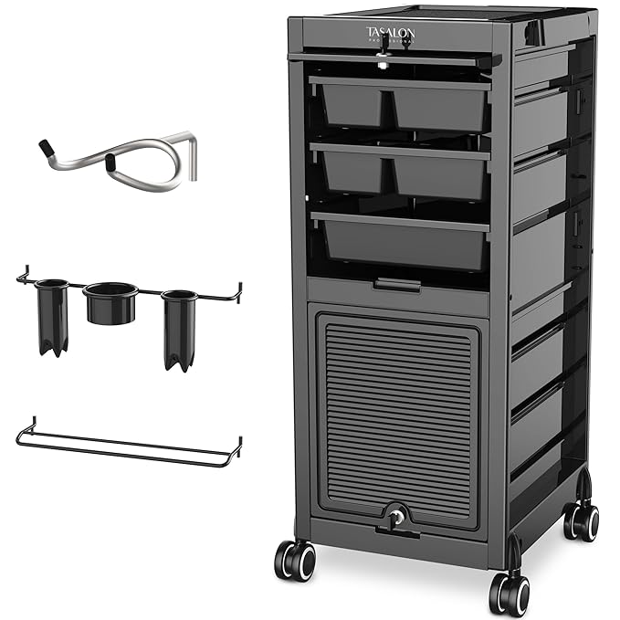 TASALON Lockable Salon Trolley Cart - Beauty Salon Cart with 6 Drawers and Tool Holders, Salon Stations for Hair Stylist, Rolling Cart with Wheels, Lock and Door, Black Tool Cart for Barber Station