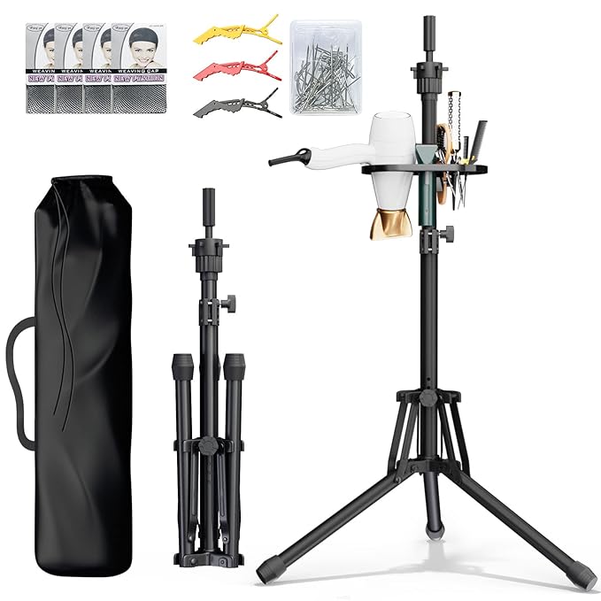 ORWOD Wig Head Stand Adjustable Height - Upgrade Wig Tripod Stand with Reinforced Tool Tray , Foldable Mannequin Head Stand for Beauty and Hairdressing Styling Training (Additional 1 Free Accessory)