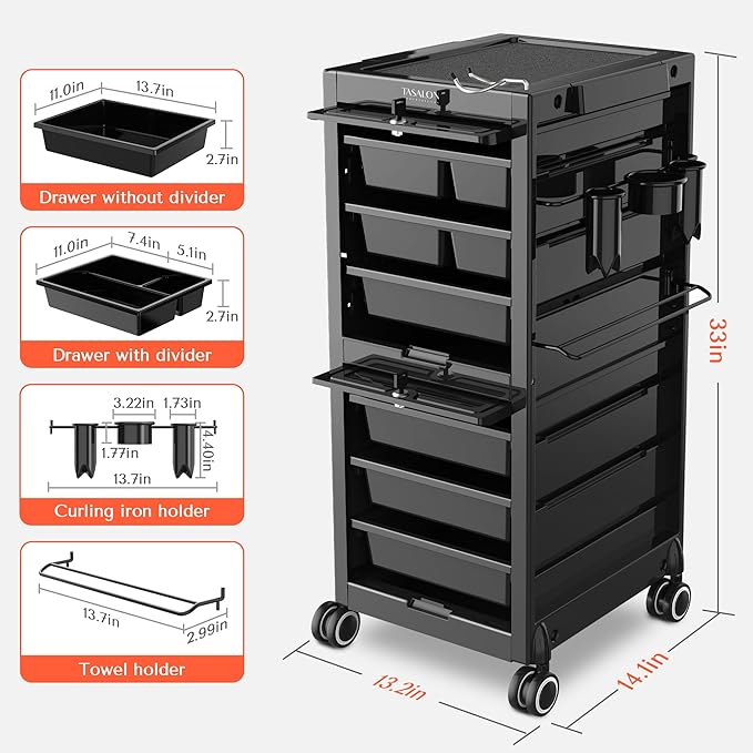 TASALON Lockable Salon Trolley Cart - Beauty Salon Cart with 6 Drawers and Tool Holders, Salon Stations for Hair Stylist, Rolling Cart with Wheels, Lock and Door, Black Tool Cart for Barber Station