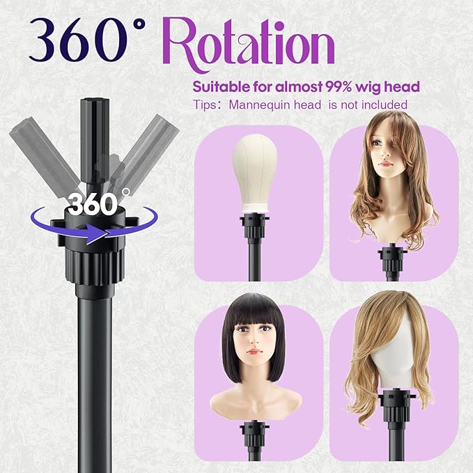 ORWOD Wig Head Stand Adjustable Height - Upgrade Wig Tripod Stand with Reinforced Tool Tray , Foldable Mannequin Head Stand for Beauty and Hairdressing Styling Training (Additional 1 Free Accessory)