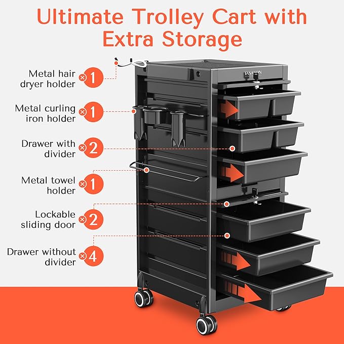 TASALON Lockable Salon Trolley Cart - Beauty Salon Cart with 6 Drawers and Tool Holders, Salon Stations for Hair Stylist, Rolling Cart with Wheels, Lock and Door, Black Tool Cart for Barber Station